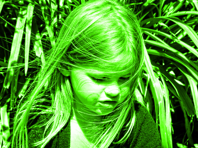 Black-and-white image of little girl with green layer using HSL Color